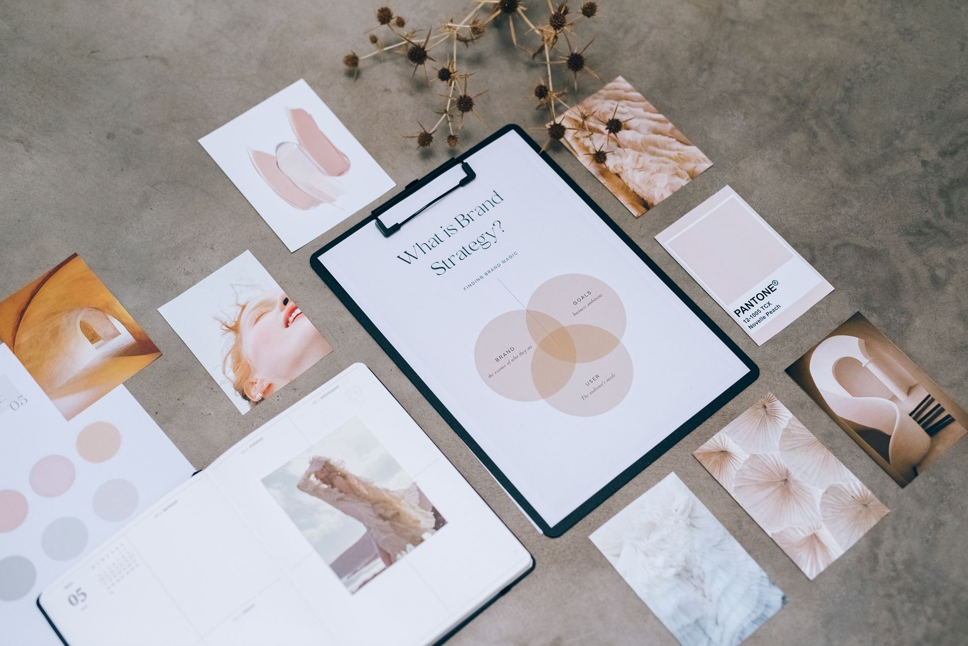 Brand strategy moodboard with color swatches and style references